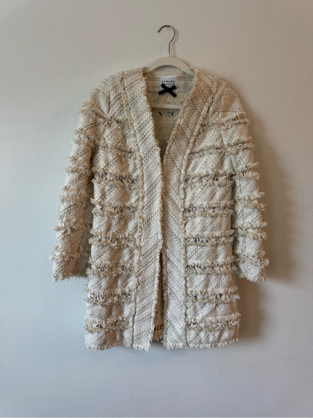 Cream Bouclé Fringe Open Coat blazer